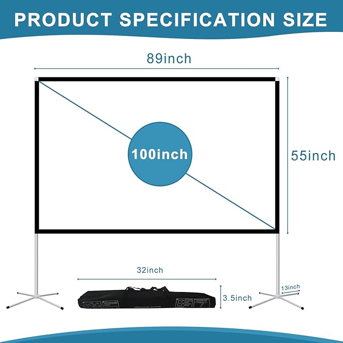 Projector Screen and Stand 100 Inch Portable Outdoor Projection Screen 16:9 4K