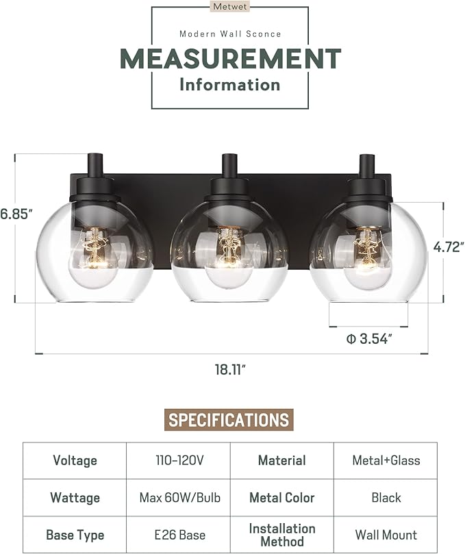 METWET Bathroom Light Fixtures, 3-Light Matte Black Vanity Light, Modern Wall