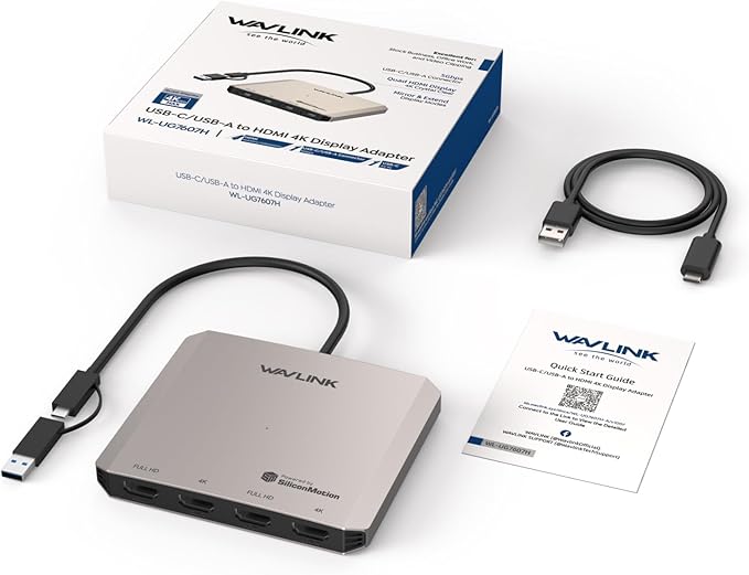 WAVLINK 4-Port HDMI Splitter, USB C to Quad Monitor 4K Adapter, Universal USB A