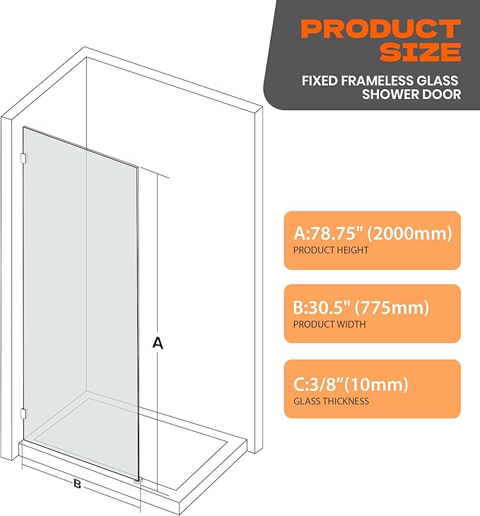 Bathroom Shower Door 30.5" W x 78.75" H, Frameless Fixed 3/8" Thick Clear