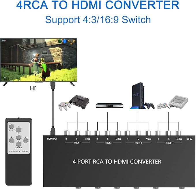 Azduou 4 AV to HDMI, 1080P/720P 4 Way RCA Composite CVBS AV Switch to HDMI