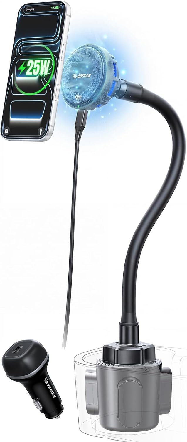 Qi2 25W Cooling Wireless Car Charger 15 Inch Cup Holder Phone Mount