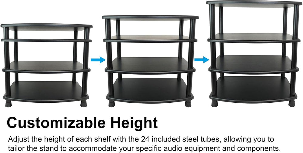 Rockville FLX Black Adjustable Height 4 Shelf Home Theater Audio Rack