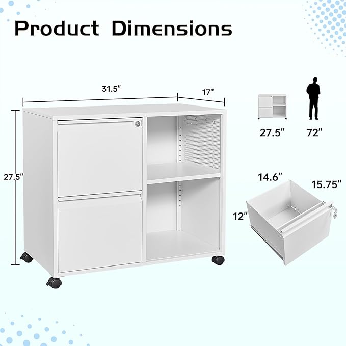 MIIIKO 2 Drawer File Cabinet on Wheels, Metal Filing Cabinets