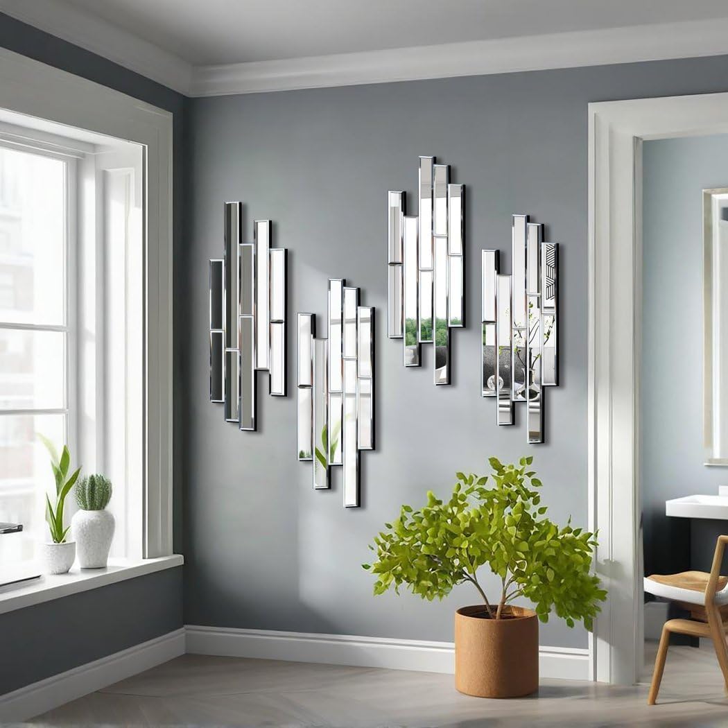 Artisan Set of 4 Silver Beveled Wall Decor Mirrors - 24x8 Inch Each, Creative Combination Design for Modern & Farmhouse Home Decor, Shatter-Resistant Glass with Wood Backing