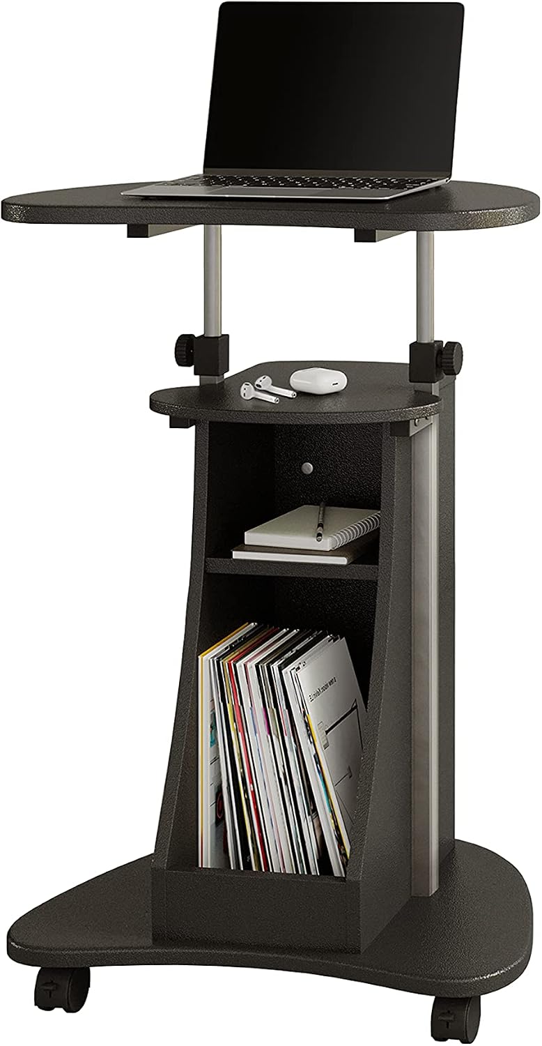Techni Mobili Adjustable Height Rolling Laptop Cart with Storage, Graphite