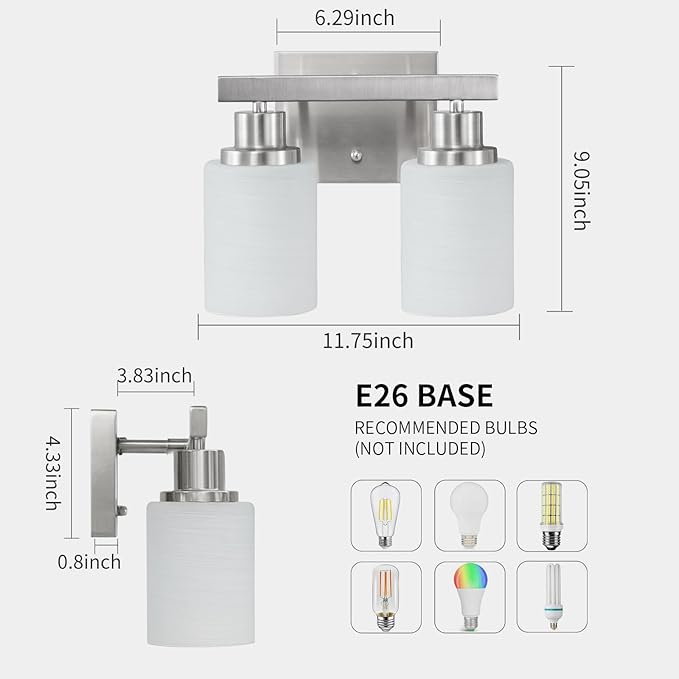 DIKAIDA Bathroom Light Fixtures Over Mirror, 2-Light Modern Nickel Vanity Lights