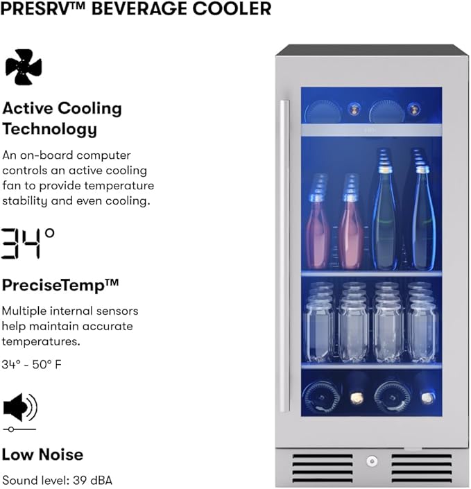 Zephyr Presrv 15" Slim Wine Fridge & Beverage Refrigerator Single Zone Under
