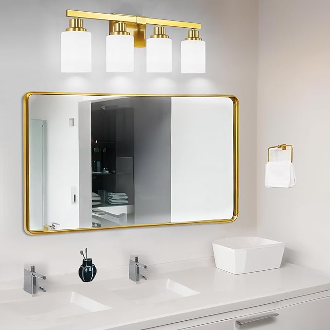 DIKAIDA 4-Light Gold Vanity Light, Modern Gold Bathroom Light Fixtures Over