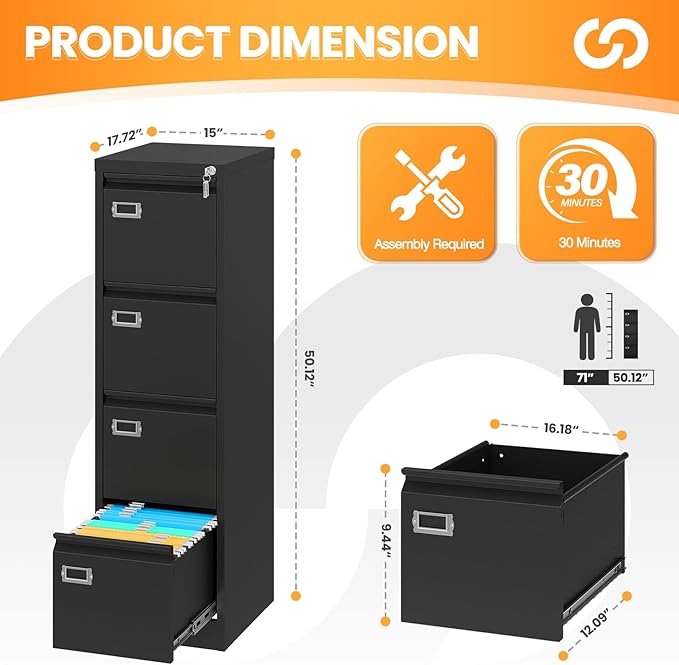 4 Drawer File Cabinet with Lock, Metal File Cabinets