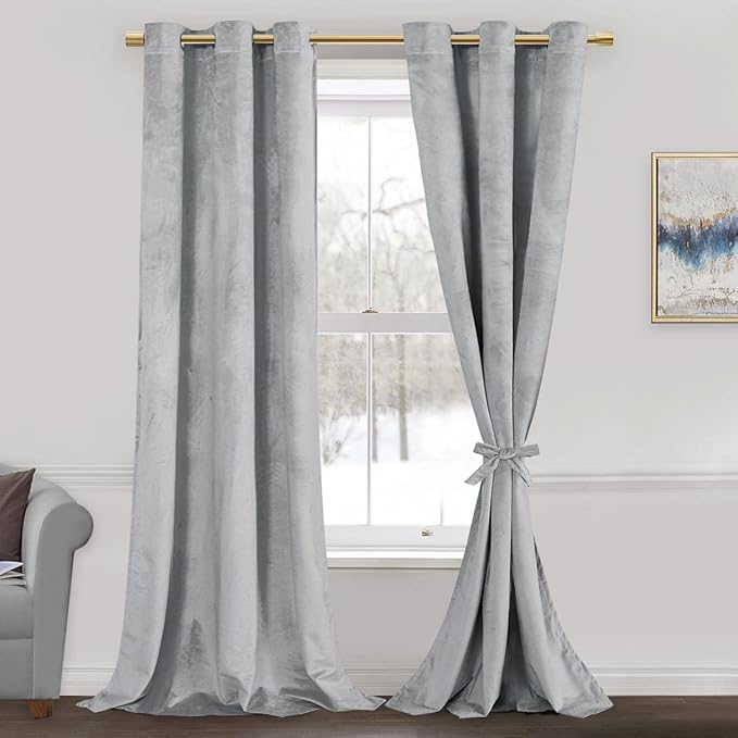 JIUZHEN Soft Silver Grey Velvet Curtains 84 inch Long, Room Darkening Smooth