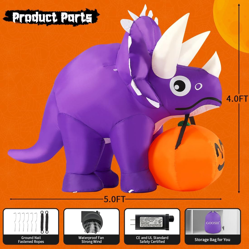 GOOSH 5 FT Width Halloween Inflatables Dinosaur Outdoor Decorations Blow Up Yard Dinosaur with Pumpkin with Built-in LEDs for Garden Lawn Indoor Party Decor