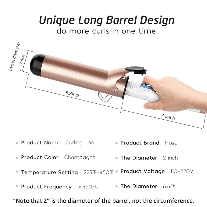 Hoson 2 Inch Curling Iron Large Barrel, Long Barrel Curling Wand Dual Voltage