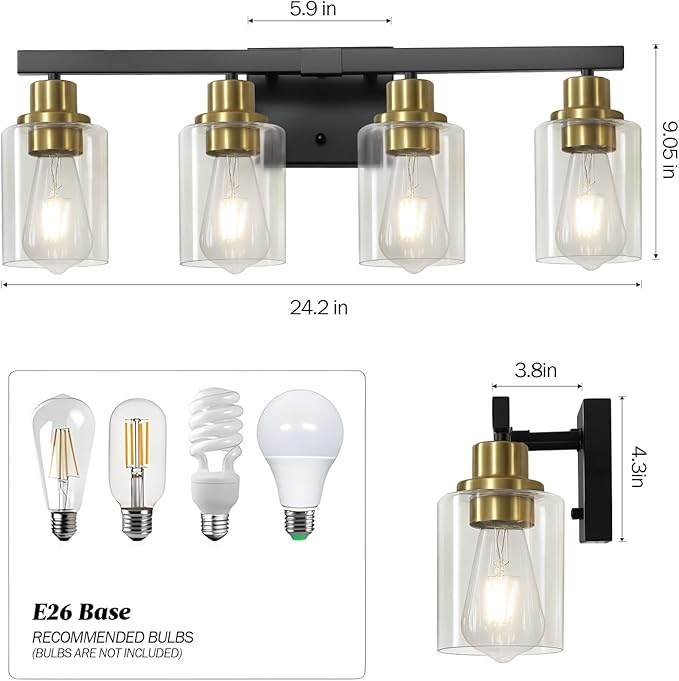 DIKAIDA Bathroom Vanity Light, 4-Light Black and Gold Bathroom Light Fixtures