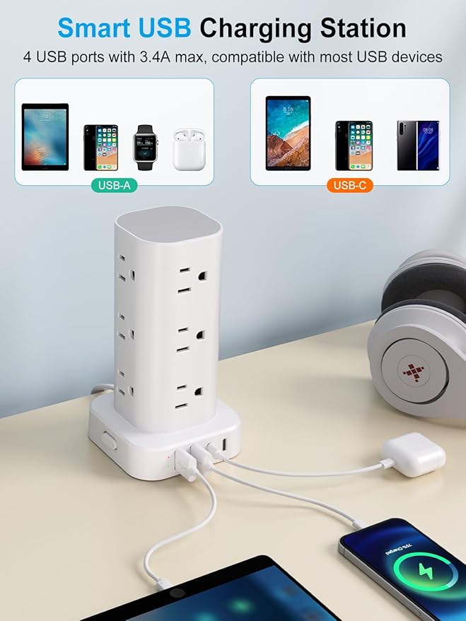 Power Strip with Wireless Charger, Flat Plug Surge Protector with 10FT