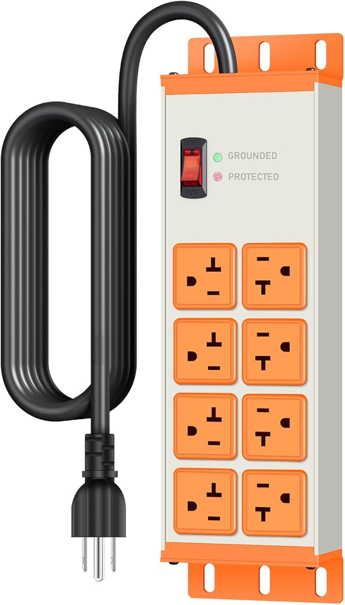 JUNNUJ Heavy Duty 20 Amp Surge Protector 4800J, Garage Metal 8 Outlets 12 Gauge