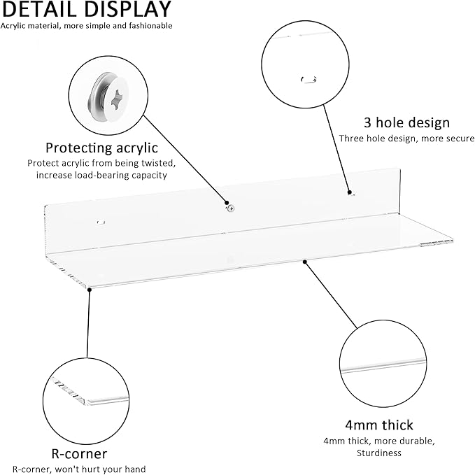 20 Inch Clear Wall Shelves for Wall, Wall Mounted Acrylic Floating Shelf for (2 Pack)