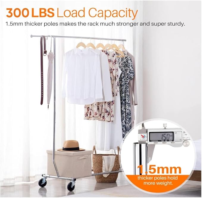 HOKEEPER Clothes Rack with Lockable Wheels Height Adjustable Clothing Rack