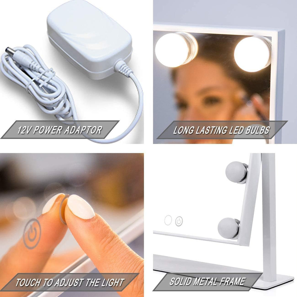 Waneway Lighted Dresser Mount Vanity Mirror with 12 x 3W Dimmable LED Bulbs and Touch Control Design, Hollywood Style Makeup Cosmetic Mirrors with Lights, White
