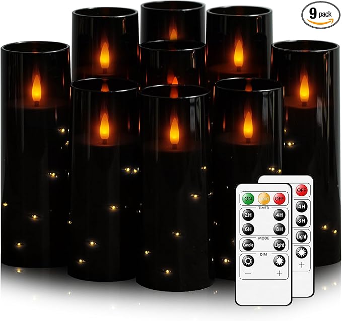 Flickering Flameless LED Candles, Acrylic LED Pillar Candles (9 Pcs)