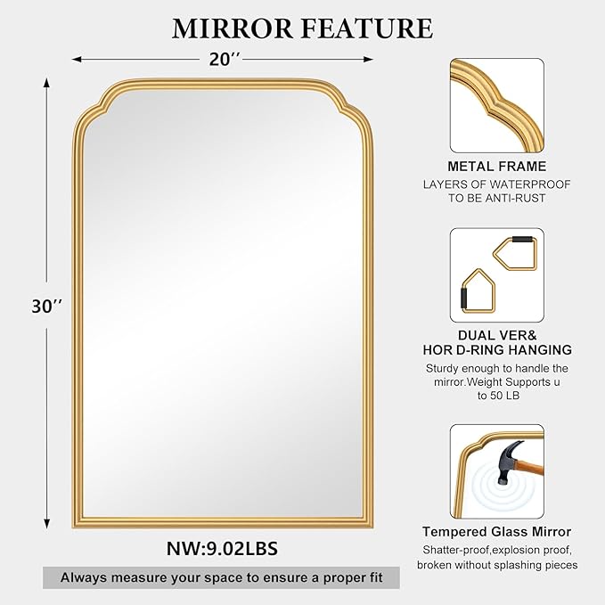 20X30 Inch Gold Bathroom Mirror
