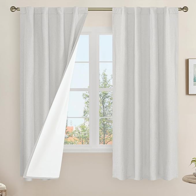 LAMIT Light Grey 100% Blackout Linen Curtains, 63 Inches Linen Textured Thermal