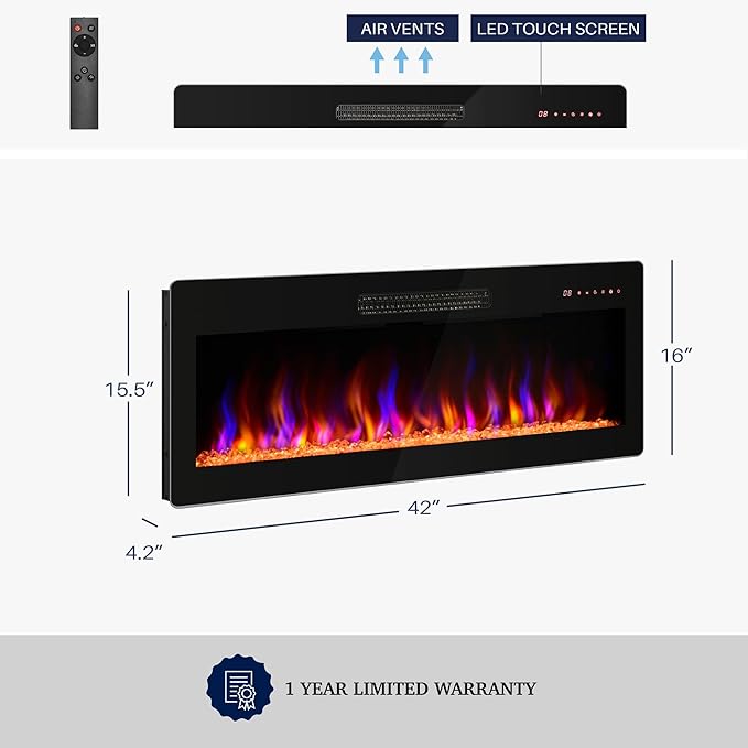 BELLEZE 42" Electric Fireplace Heater, 1400 W Recessed & Wall Mounted Electric