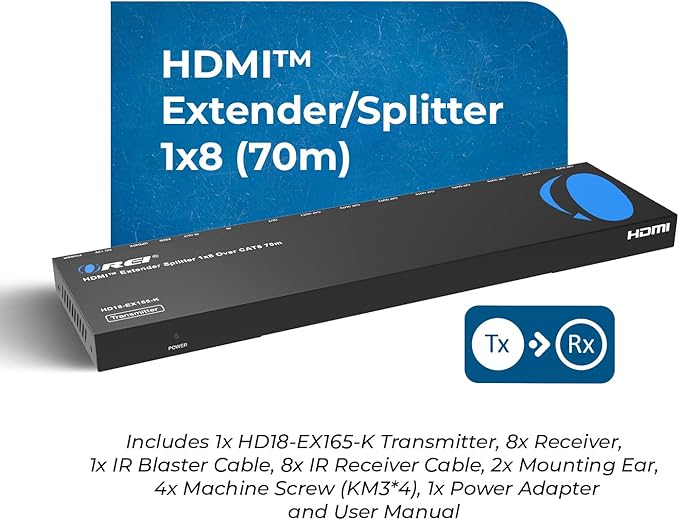 OREI 4K 1x8 HDMI Extender Splitter Multiple Over CAT 6/7 Cable