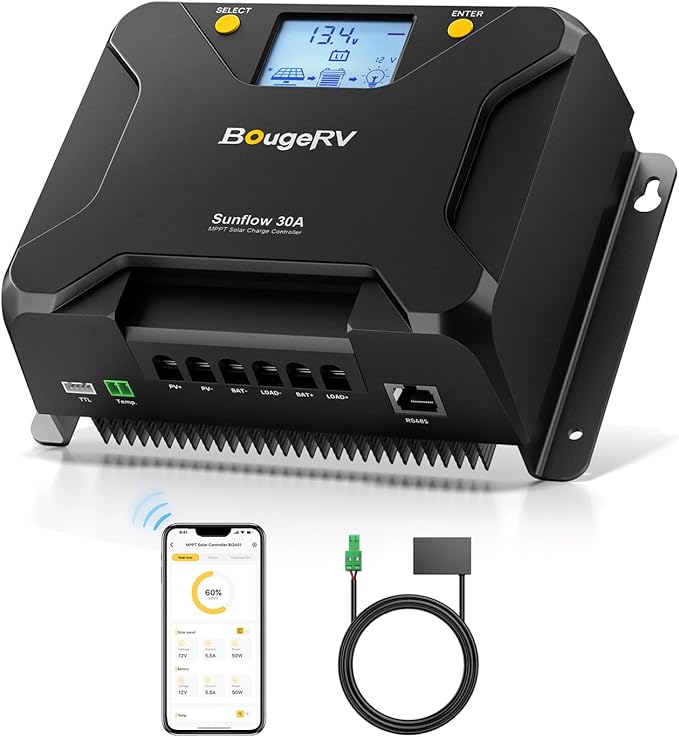 BougeRV MPPT Solar Charge Controller 30A, w/ Low-Temp Cut-Off, APP Control