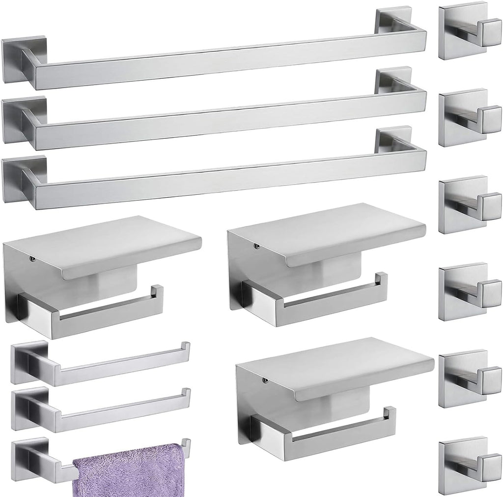 Bathroom Hardware Set 15 Piece Brush Nickel Bathroom Accessories Set SUS304 Towel Bar Set Includes 3 Towel Bar 24 Inch+3 Towel Holder+3 Toilet Paper Holder+6 Towel Hooks (15, Brushed Nickel)