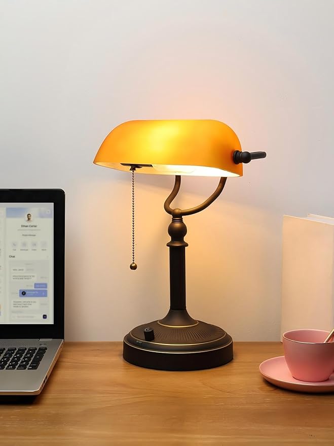Newrays Matted Amber Glass Bankers Desk Lamp, Stepless Dimmable Table Lamp Plug