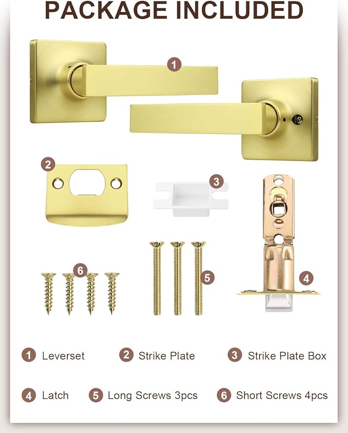 Mengico 4 Pack Passage Door Levers Gold Finish, No-Locking Keyless Square Door