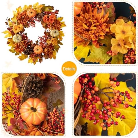Glitzhome 24 inch Artificial Fall Wreath Decor, Autumn Maple Leaf Wreath for Front Door with Dahlia Pumpkin, Leaf and Berry Wreaths for Autumn Harvest Thanksgiving Halloween Decor
