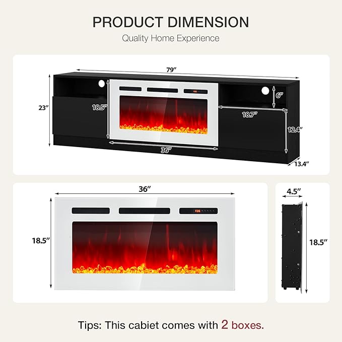 YISUFO 80” TV Stand with 36” Electric Fireplace, Large Modern Media