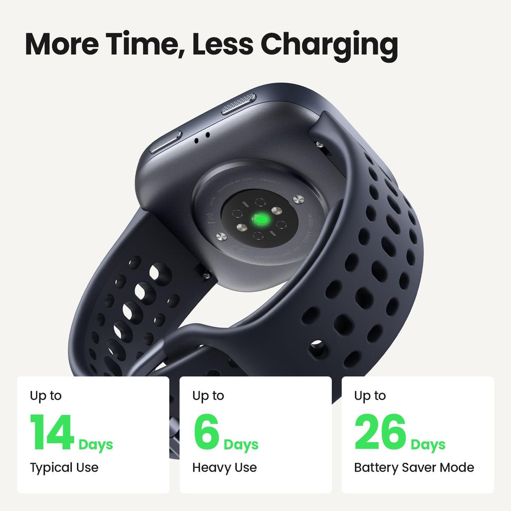 amazfit bip 6 smart watch, 1.97" amoled display showing dimensions