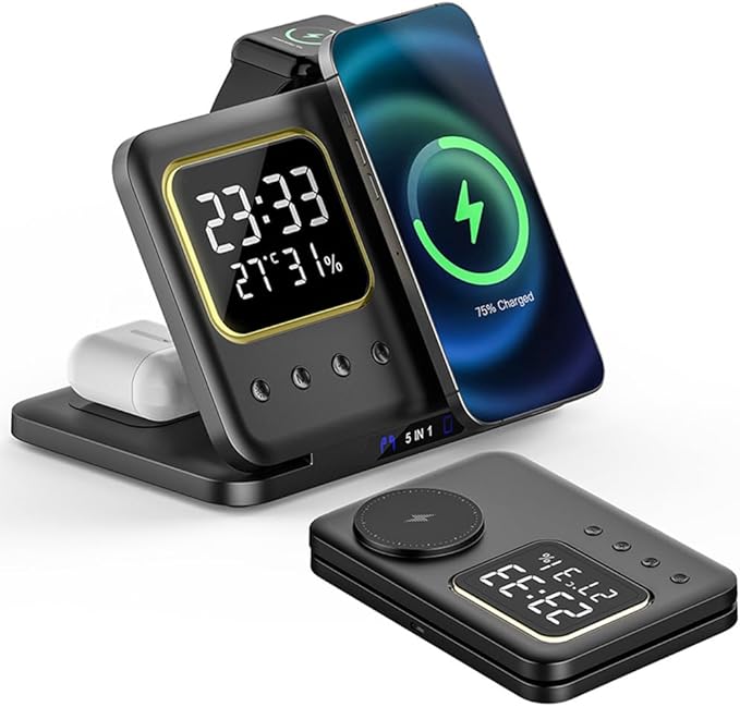 IHAO 5in1 Multi Functional Wireless Charging Station Digital Clock 15W Fast