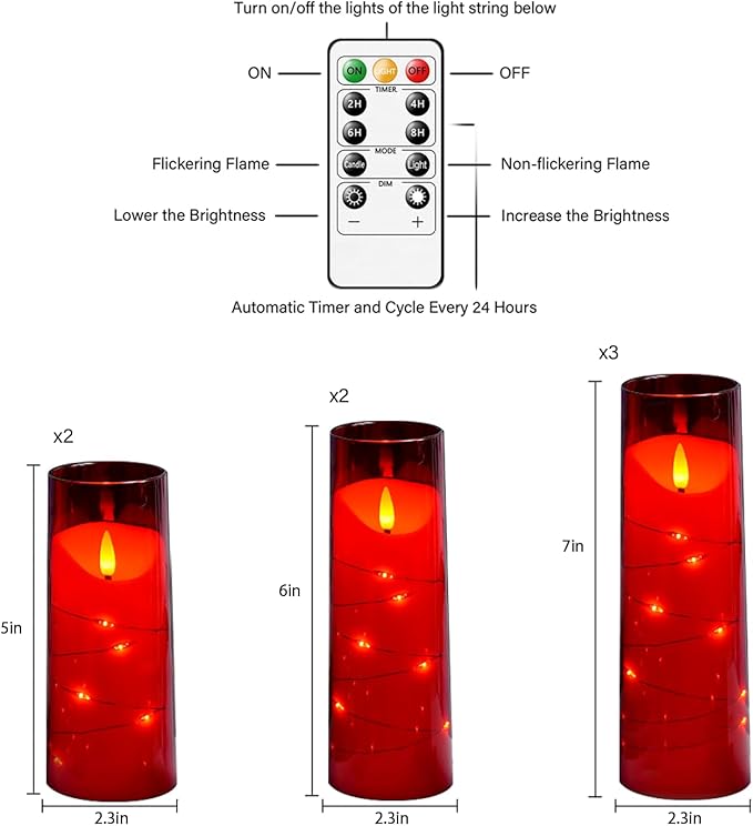 Flameless Candles with Embedded Star String, Battery Operated LED Pillar (Set of 9)
