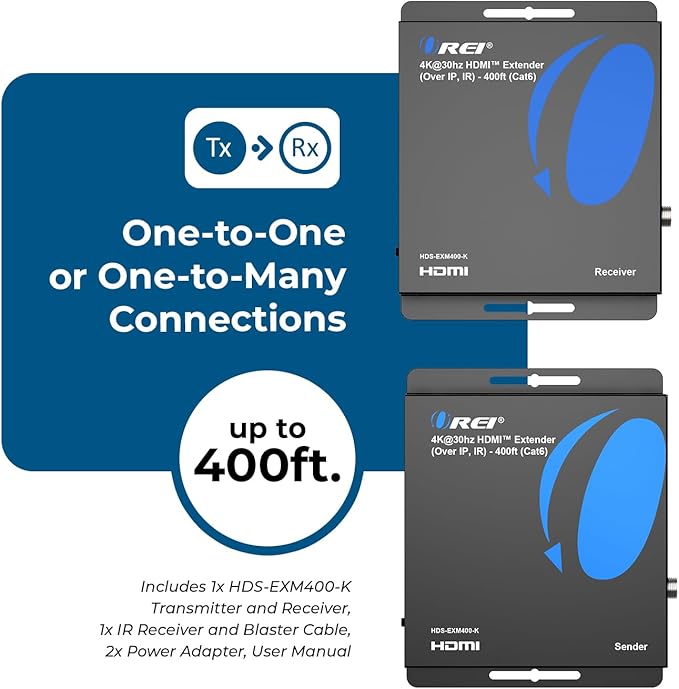 OREI 4K HDMI Extender Over IP CAT6-4K@30Hz One to Many Upto 400 Feet, Loop Out