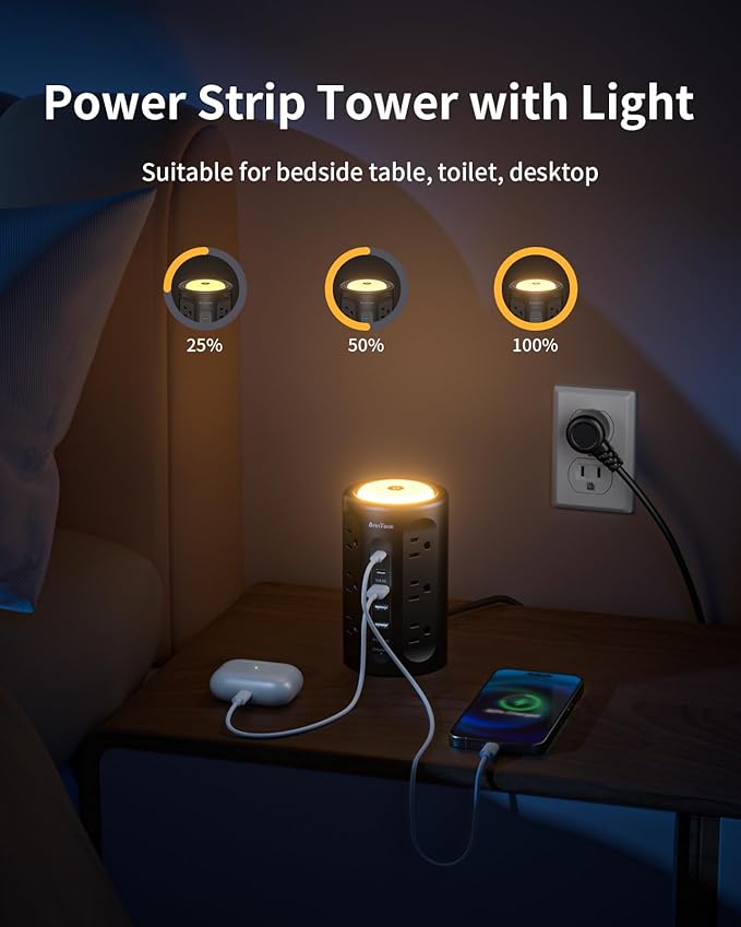AnnTane Power Strip Tower with Night Light, Power Strip Surge Protector with