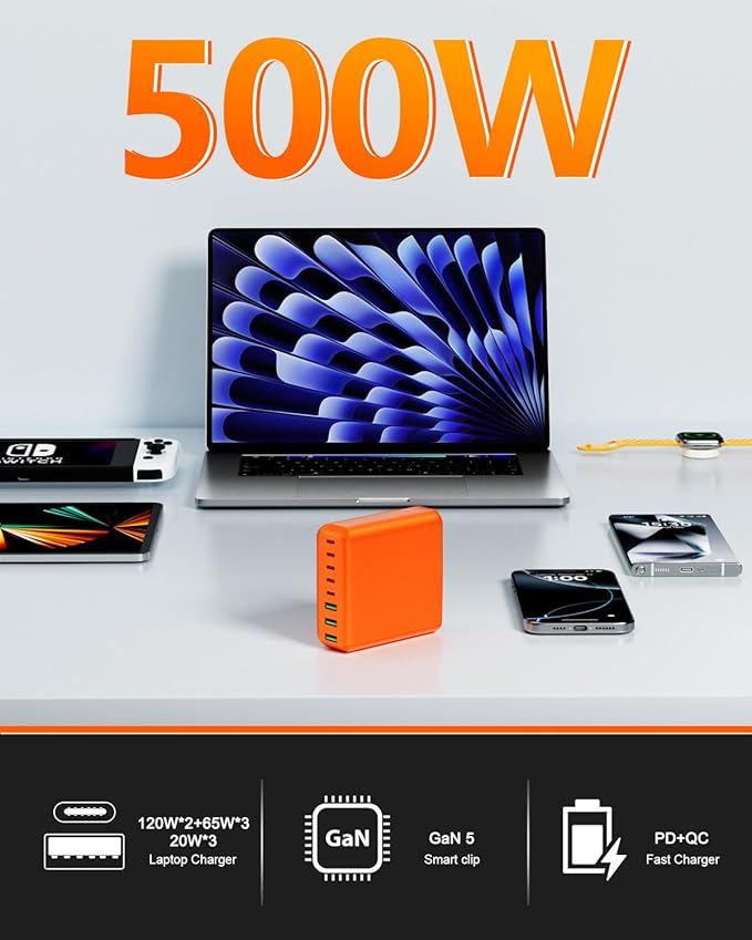 500W USB C Charger Block, 8-Port USB C Charging Station Fast Charging PD 120W