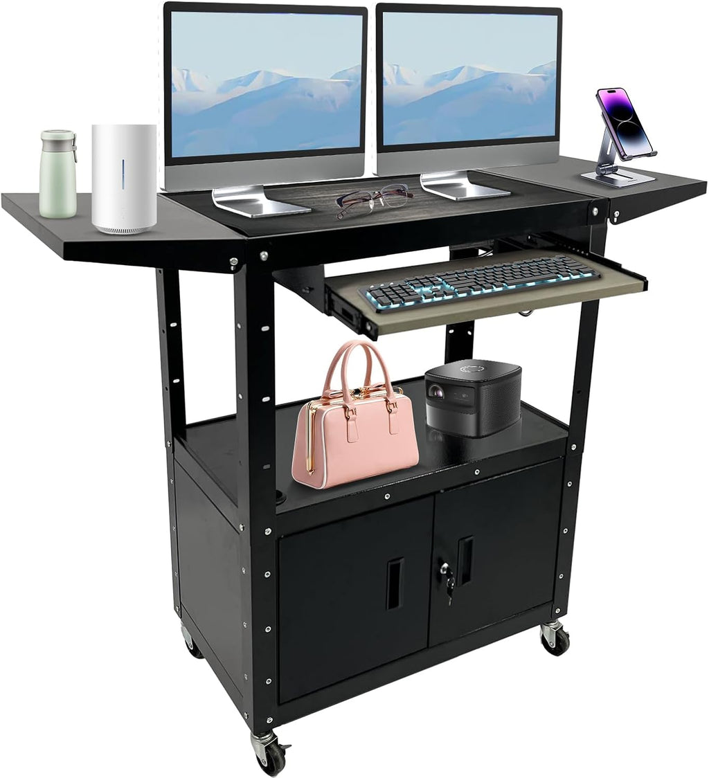Large Steel AV Cart with Locking Cabinet and Pullout Keyboard Tray, Adjustable-Height Rolling Media Cart with Wheels & Power (54"x18"x43")