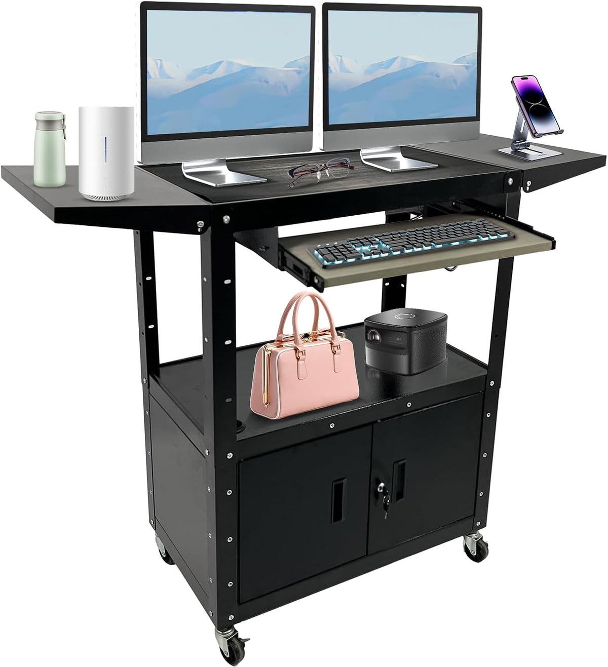 Large Steel AV Cart with Locking Cabinet and Pullout Keyboard Tray, Adjustable-Height Rolling Media Cart with Wheels & Power (54"x18"x43")