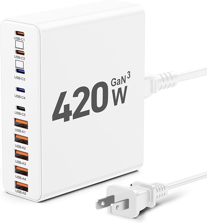 420W USB C Charger Block, 10-Port Charging Station GaN Fast Charging Type C &