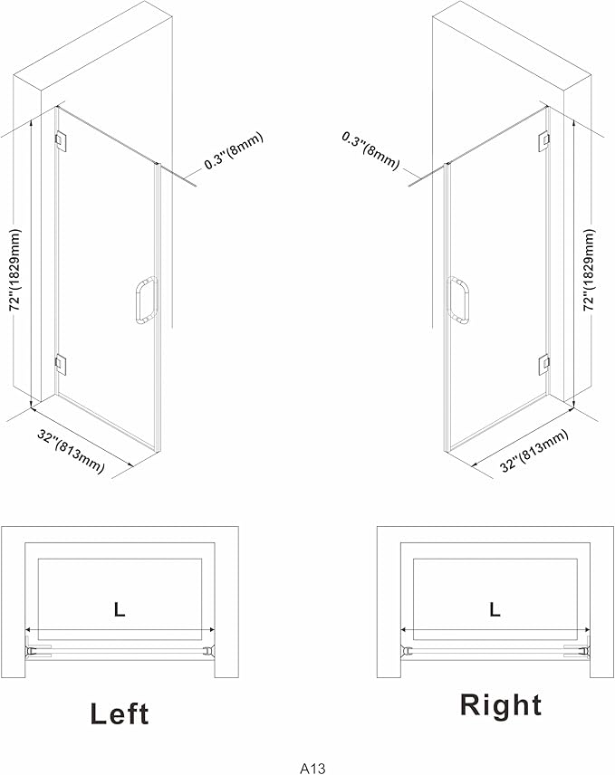 Bathroom Frameless Shower Door 32" W*72" H, 5/16" Clear Tempered Glass Hinged