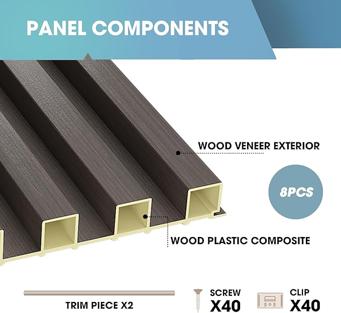 OUZUGIE WPC Acoustic Slat Wall Paneling, Living Room, TV Background, Study Room (8-Pack)