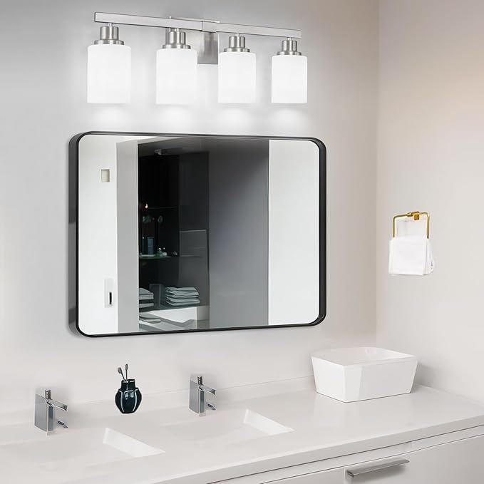 DIKAIDA Bathroom Vanity Light, 4-Light Nickel Modern Bathroom Light Fixtures