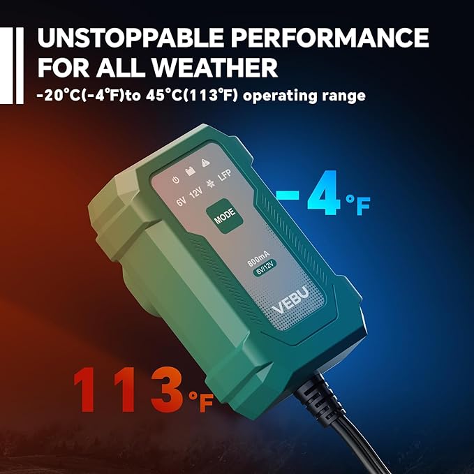 VEBU Motorcycle Trickle Charger 800mA Smart Battery Charger & Maintainer