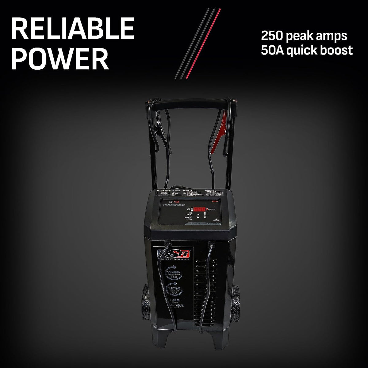 schumacher electric wheeled 6a car battery charger & shown in use
