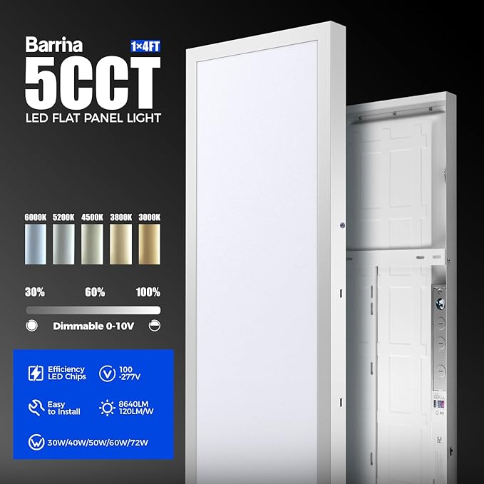 Barrina 1x4 LED Flat Panel Light, 8640LM 72W, 0-10V Dimmable, Brightness & 5CCT