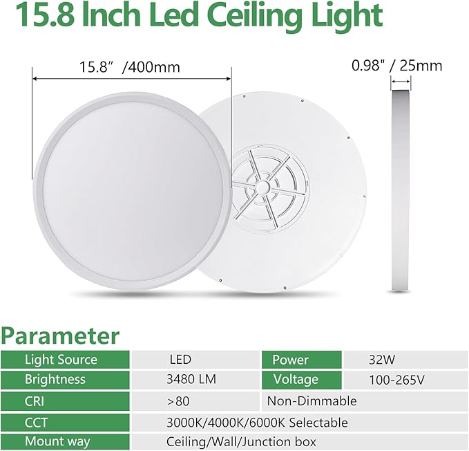 4PK 15.8 Inch LED Flush Mount Ceiling Light, 3000K/4000K/6000K CCT Selectable